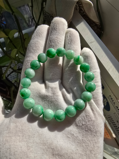 Certified Japanese Bright Green Burmese A-Jade Beaded Bracelet (MADE IN JAPAN) (10.50 mm Each x 19 beads) 05043
