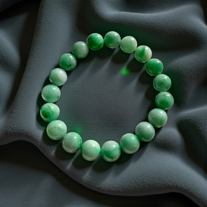 Certified Japanese Bright Green Burmese A-Jade Beaded Bracelet (MADE IN JAPAN) (10.50 mm Each x 19 beads) 05043
