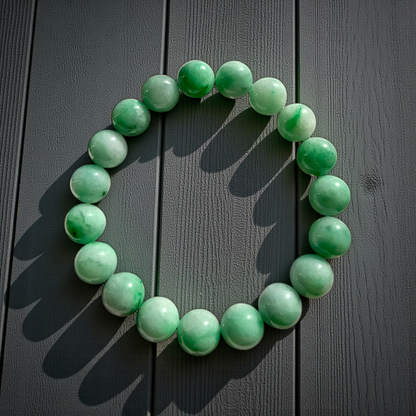 Certified Japanese Bright Green Burmese A-Jade Beaded Bracelet (MADE IN JAPAN) (10.50 mm Each x 19 beads) 05043