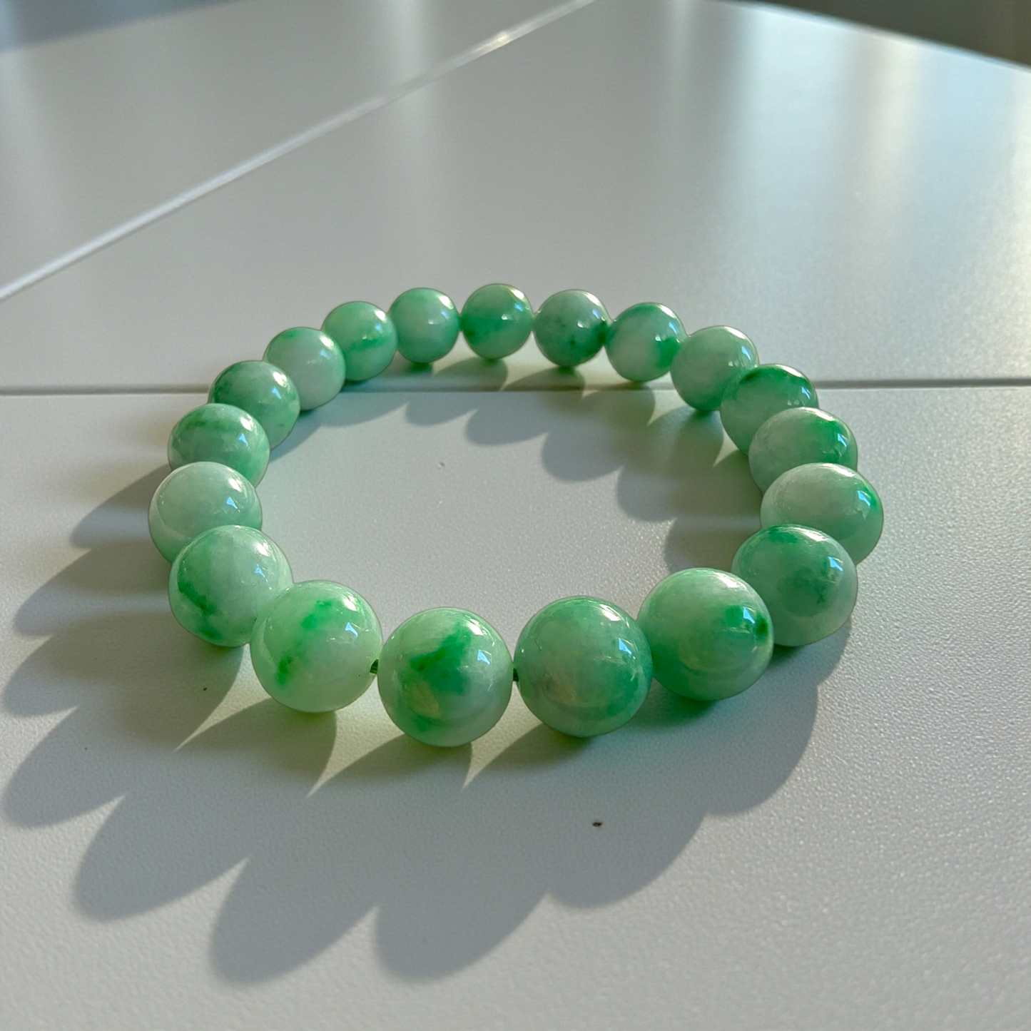 Certified Japanese Bright Green Burmese A-Jade Beaded Bracelet (MADE IN JAPAN) (10.50 mm Each x 19 beads) 05043