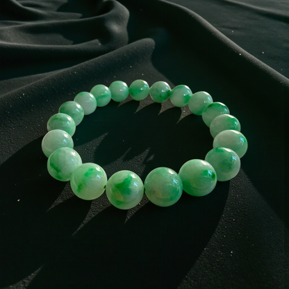 Certified Japanese Bright Green Burmese A-Jade Beaded Bracelet (MADE IN JAPAN) (10.50 mm Each x 19 beads) 05043