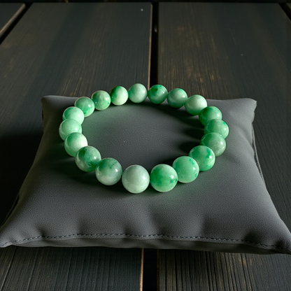 Certified Japanese Bright Green Burmese A-Jade Beaded Bracelet (MADE IN JAPAN) (10.50 mm Each x 19 beads) 05043