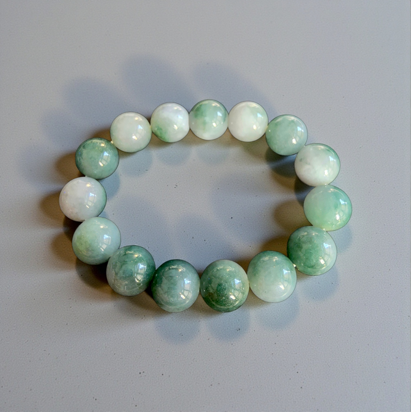 Certified Japanese Green Burmese A-Jade Beaded Bracelet (MADE IN JAPAN) (14 mm Each x 15 beads) 05042