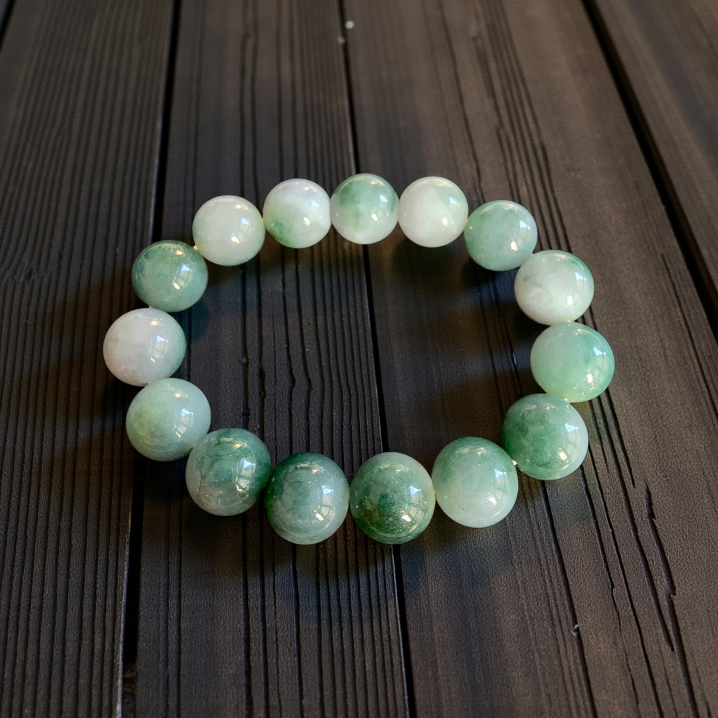 Certified Japanese Green Burmese A-Jade Beaded Bracelet (MADE IN JAPAN) (14 mm Each x 15 beads) 05042