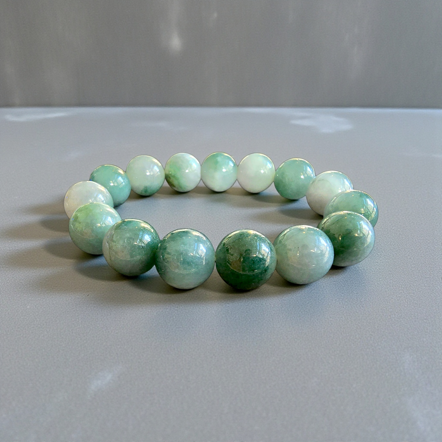 Certified Japanese Green Burmese A-Jade Beaded Bracelet (MADE IN JAPAN) (14 mm Each x 15 beads) 05042