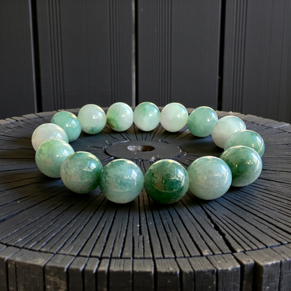 Certified Japanese Green Burmese A-Jade Beaded Bracelet (MADE IN JAPAN) (14 mm Each x 15 beads) 05042