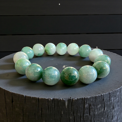 Certified Japanese Green Burmese A-Jade Beaded Bracelet (MADE IN JAPAN) (14 mm Each x 15 beads) 05042
