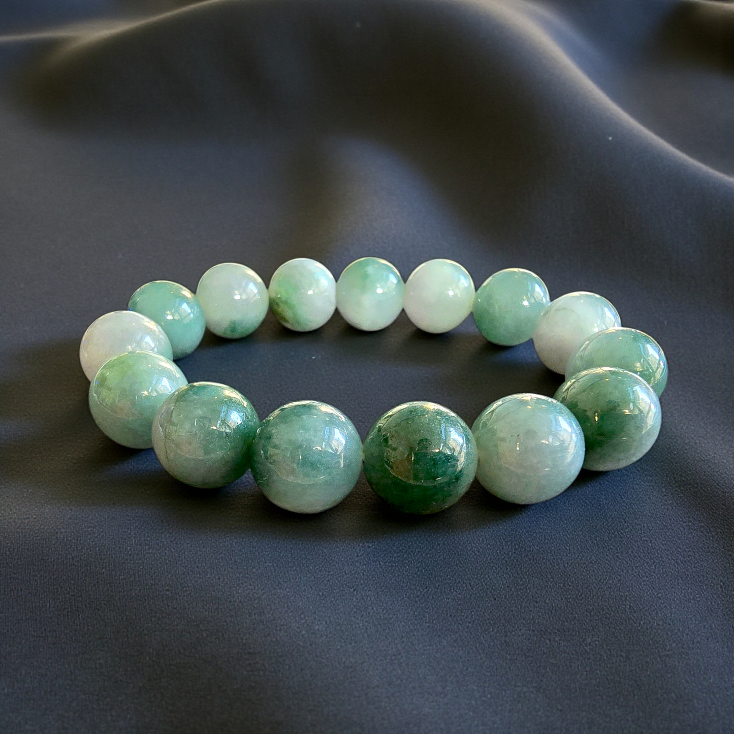 Certified Japanese Green Burmese A-Jade Beaded Bracelet (MADE IN JAPAN) (14 mm Each x 15 beads) 05042