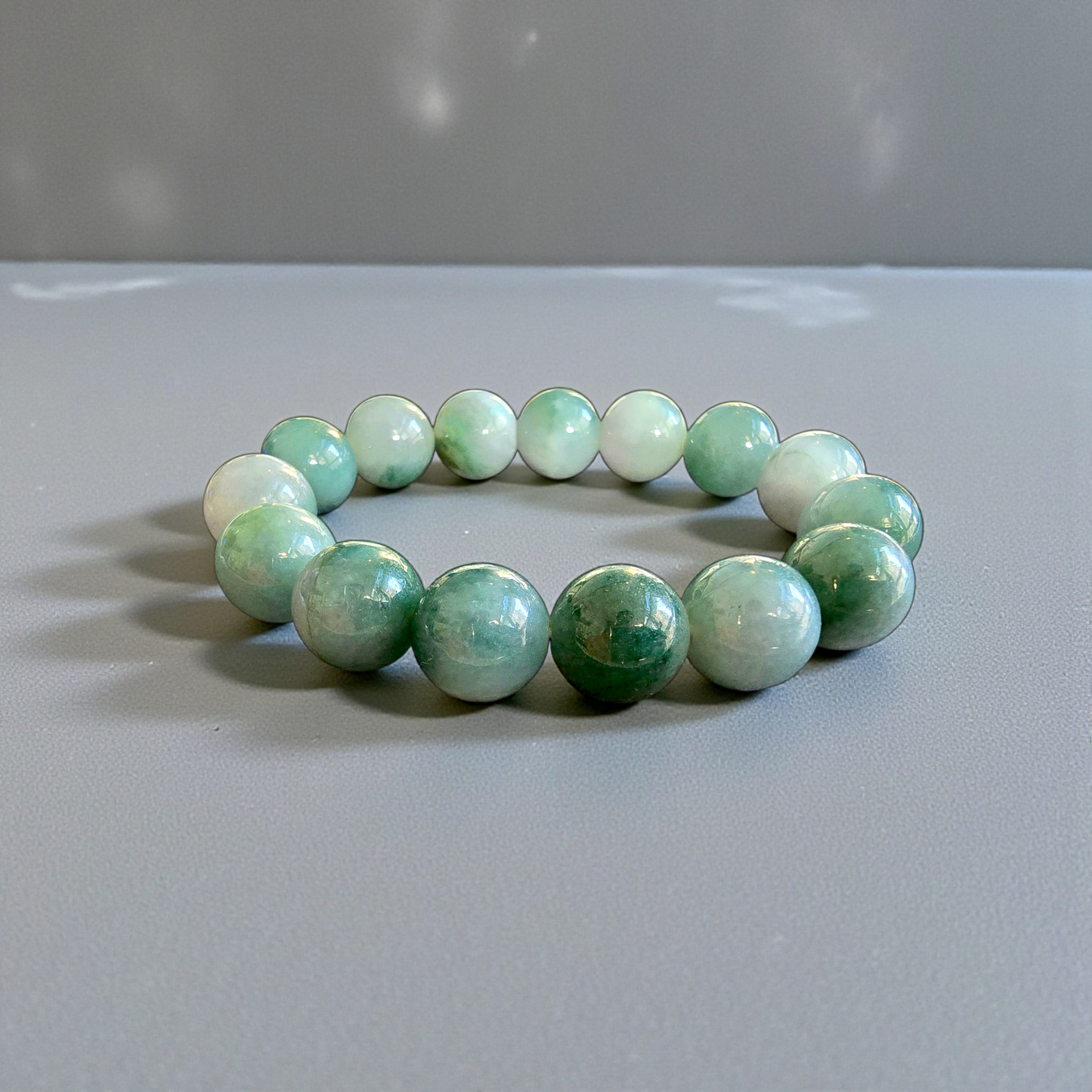 Certified Japanese Green Burmese A-Jade Beaded Bracelet (MADE IN JAPAN) (14 mm Each x 15 beads) 05042