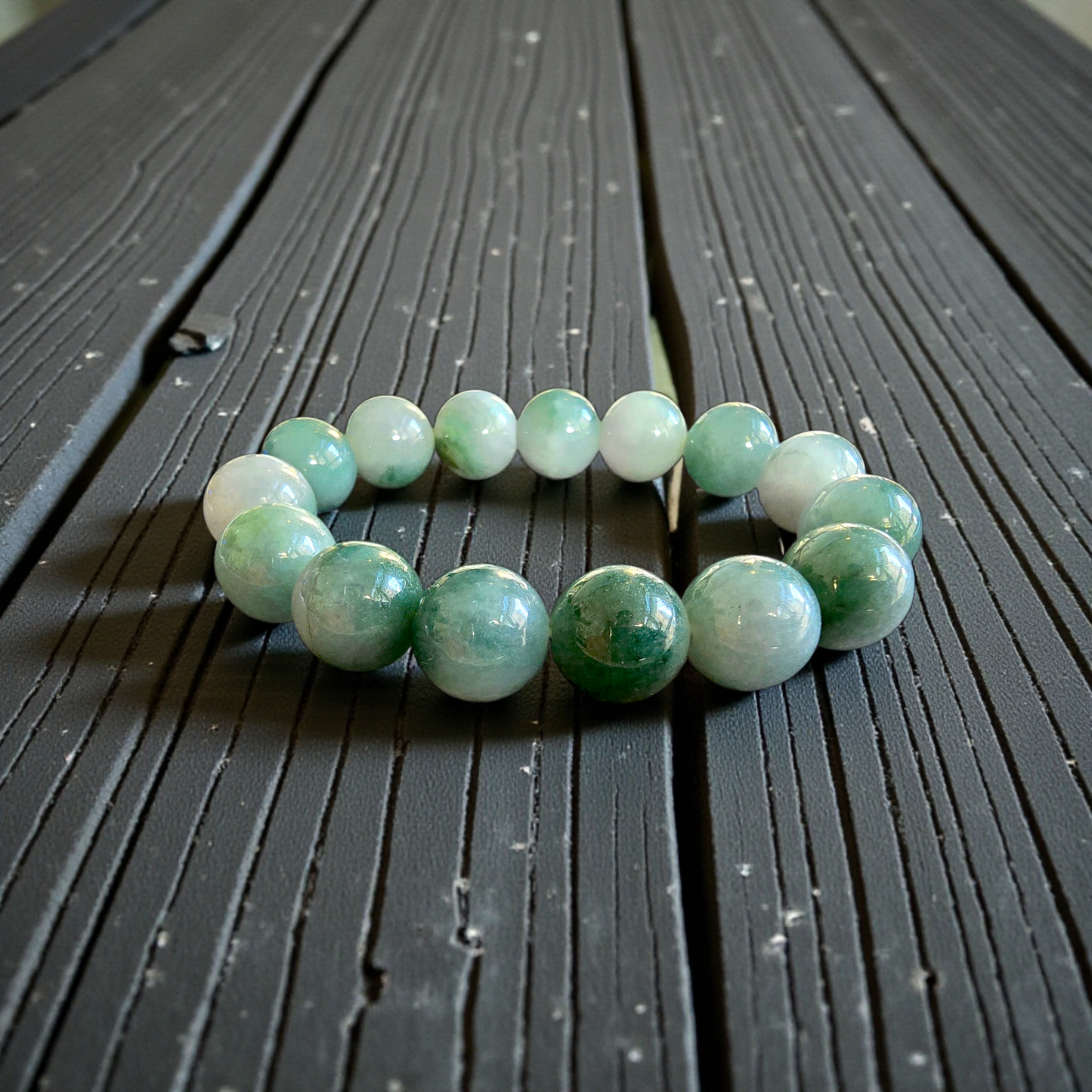 Certified Japanese Green Burmese A-Jade Beaded Bracelet (MADE IN JAPAN) (14 mm Each x 15 beads) 05042