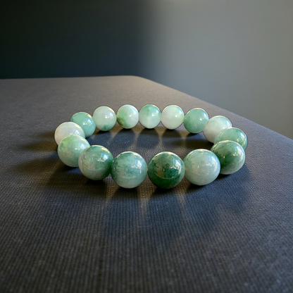 Certified Japanese Green Burmese A-Jade Beaded Bracelet (MADE IN JAPAN) (14 mm Each x 15 beads) 05042