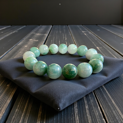 Certified Japanese Green Burmese A-Jade Beaded Bracelet (MADE IN JAPAN) (14 mm Each x 15 beads) 05042