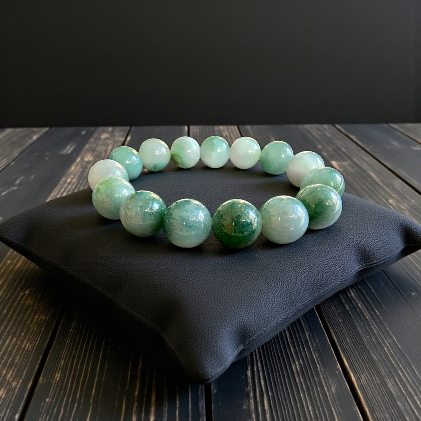 Certified Japanese Green Burmese A-Jade Beaded Bracelet (MADE IN JAPAN) (14 mm Each x 15 beads) 05042