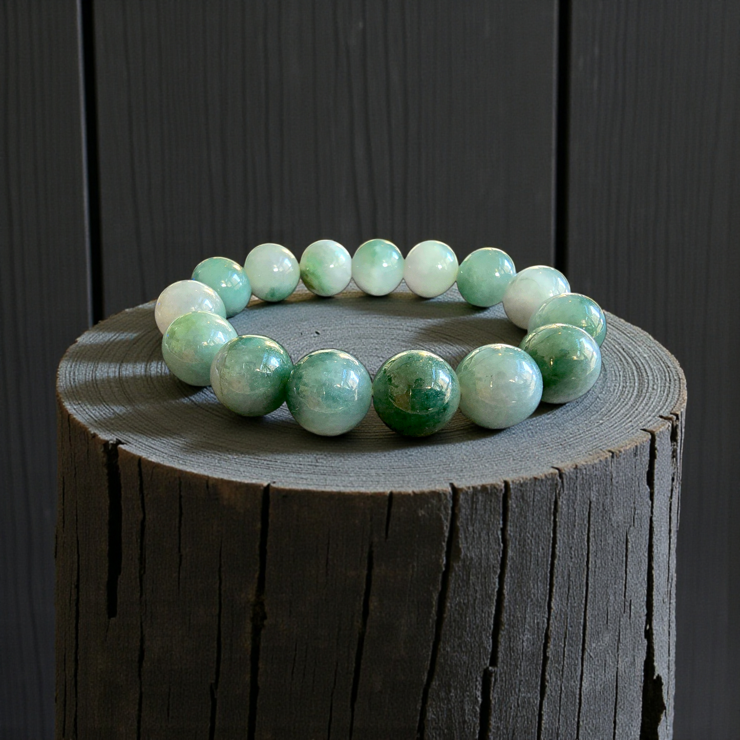 Certified Japanese Green Burmese A-Jade Beaded Bracelet (MADE IN JAPAN) (14 mm Each x 15 beads) 05042