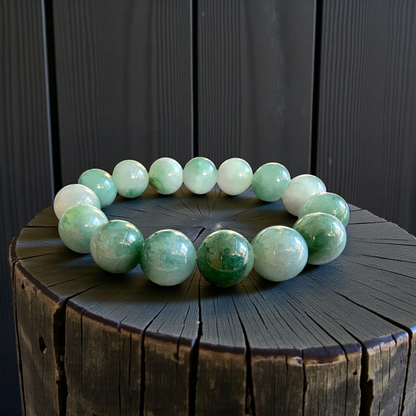 Certified Japanese Green Burmese A-Jade Beaded Bracelet (MADE IN JAPAN) (14 mm Each x 15 beads) 05042