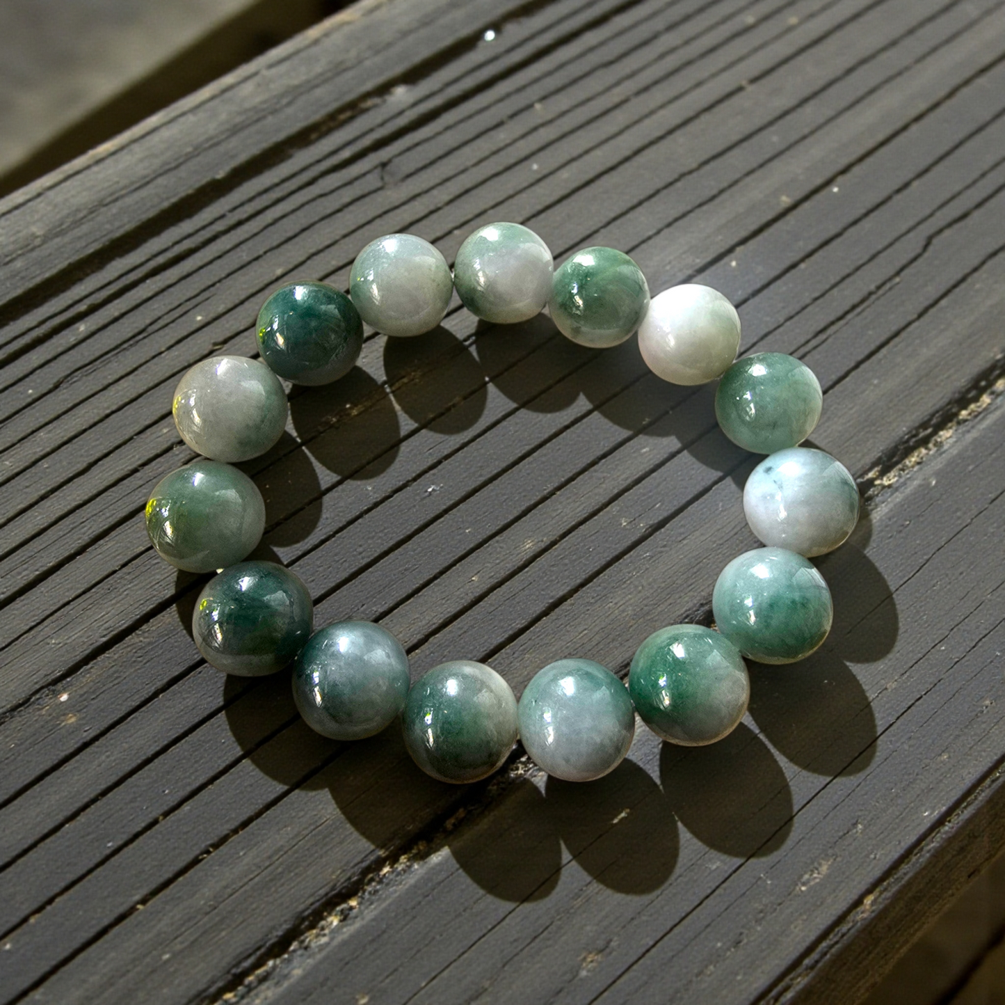 Certified Japanese Green Burmese A-Jade Beaded Bracelet (MADE IN JAPAN) (14 mm Each x 15 beads) 05042