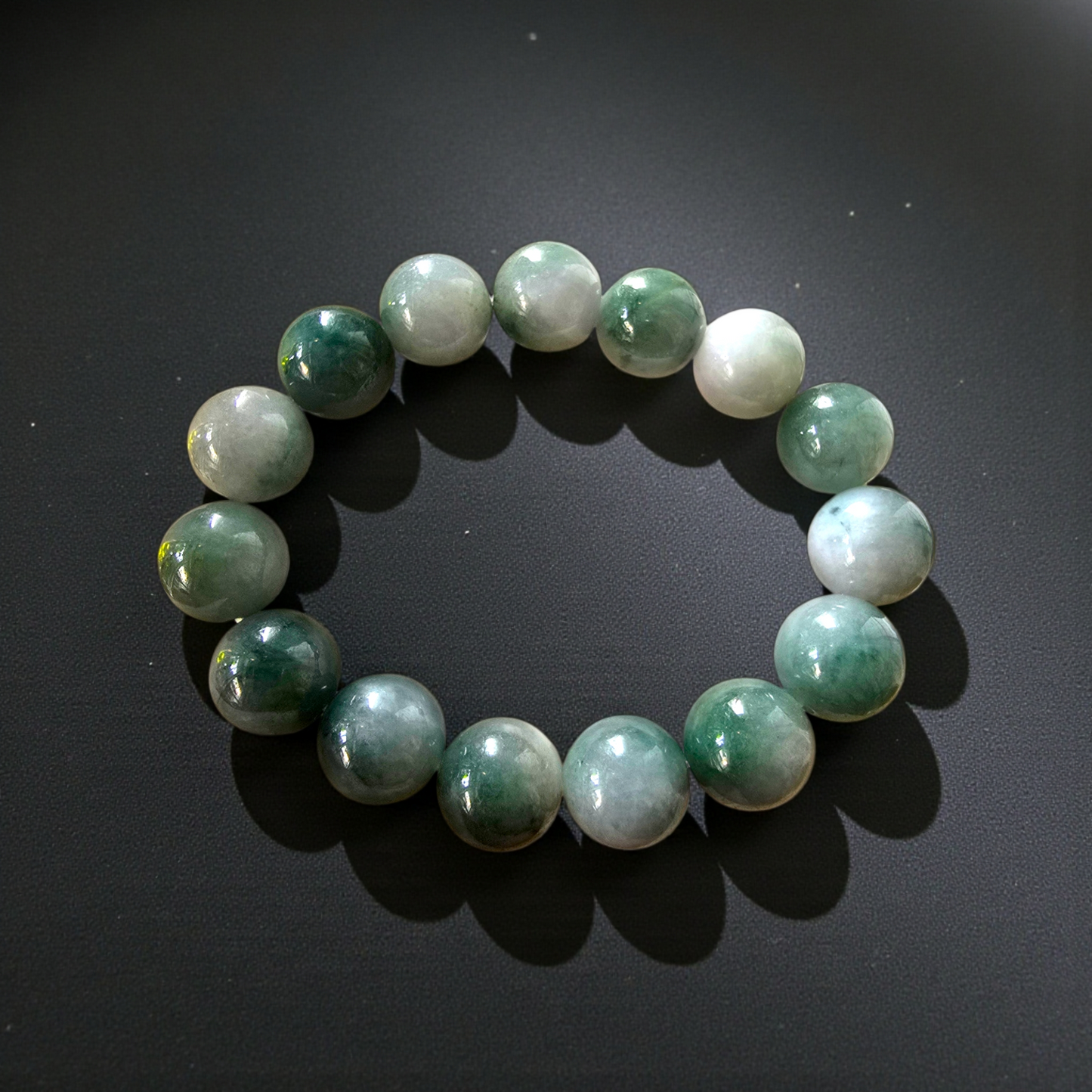 Certified Japanese Green Burmese A-Jade Beaded Bracelet (MADE IN JAPAN) (14 mm Each x 15 beads) 05042