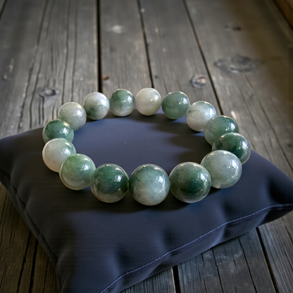 Certified Japanese Green Burmese A-Jade Beaded Bracelet (MADE IN JAPAN) (14 mm Each x 15 beads) 05042