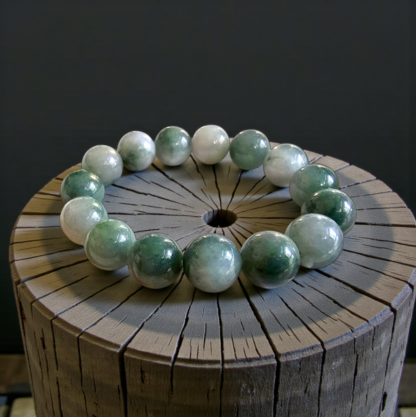 Certified Japanese Green Burmese A-Jade Beaded Bracelet (MADE IN JAPAN) (14 mm Each x 15 beads) 05042