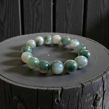 Certified Japanese Green Burmese A-Jade Beaded Bracelet (MADE IN JAPAN) (14 mm Each x 15 beads) 05042