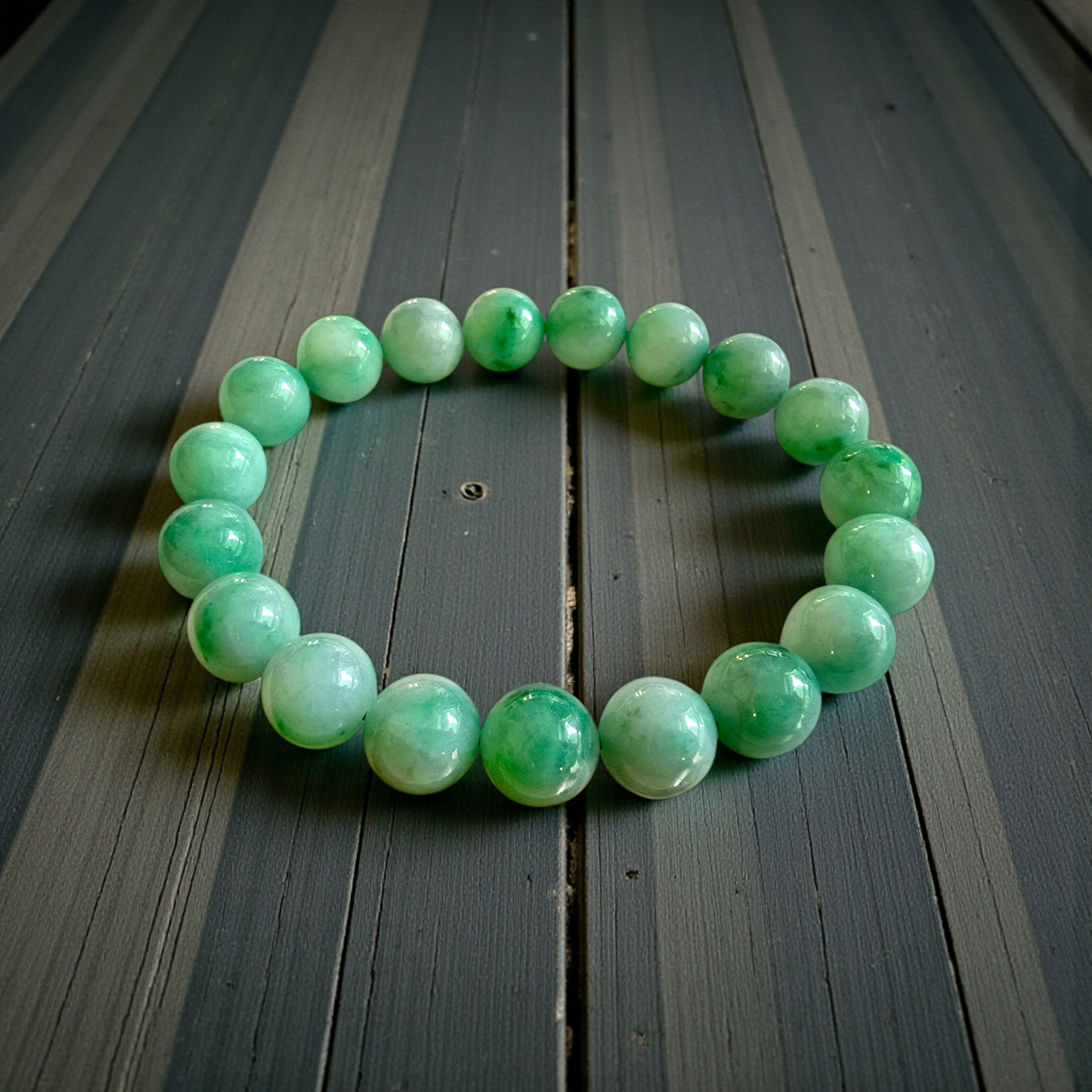 Certified Japanese Bright Green Burmese A-Jade Beaded Bracelet (MADE IN JAPAN) (10.50 mm Each x 19 beads) 05043