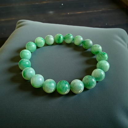 Certified Japanese Bright Green Burmese A-Jade Beaded Bracelet (MADE IN JAPAN) (10.50 mm Each x 19 beads) 05043