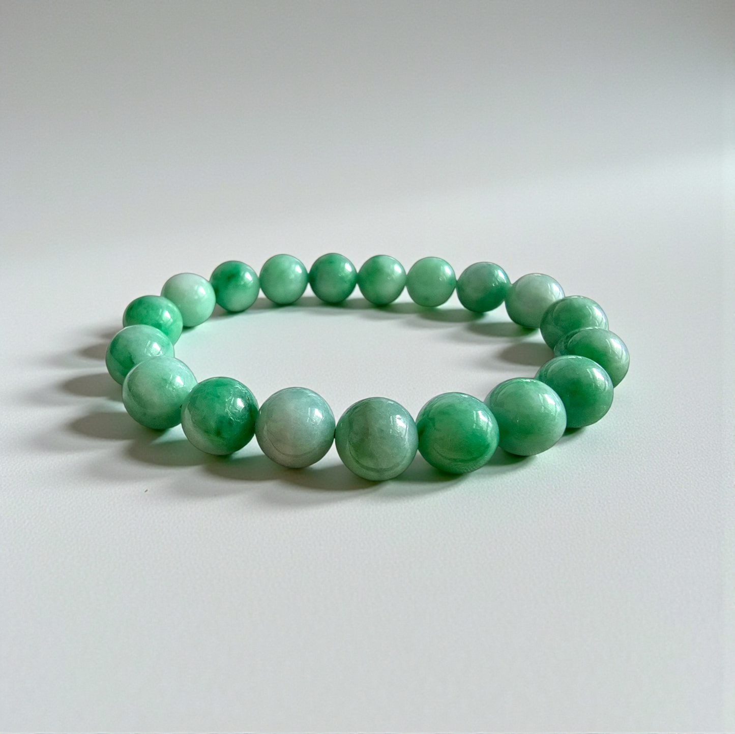Certified Japanese Bright Green Burmese A-Jade Beaded Bracelet (MADE IN JAPAN) (10.50 mm Each x 19 beads) 05043