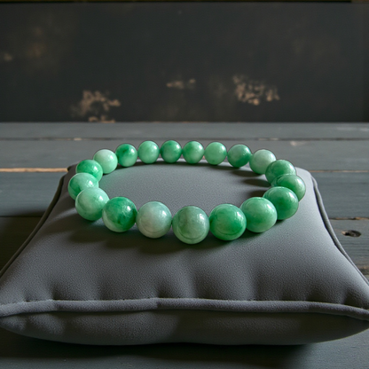Certified Japanese Bright Green Burmese A-Jade Beaded Bracelet (MADE IN JAPAN) (10.50 mm Each x 19 beads) 05043