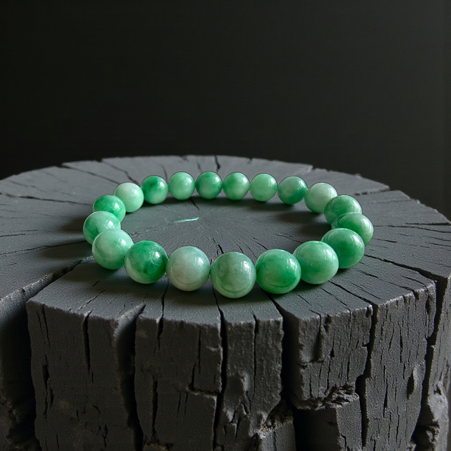 Certified Japanese Bright Green Burmese A-Jade Beaded Bracelet (MADE IN JAPAN) (10.50 mm Each x 19 beads) 05043