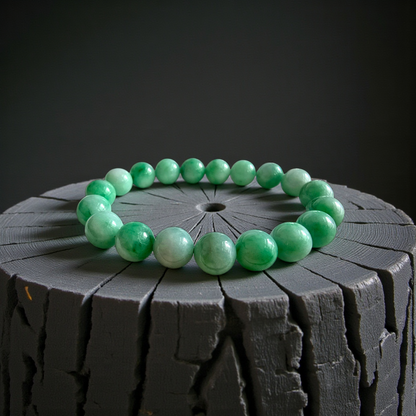 Certified Japanese Bright Green Burmese A-Jade Beaded Bracelet (MADE IN JAPAN) (10.50 mm Each x 19 beads) 05043