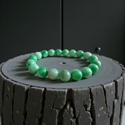 Certified Japanese Bright Green Burmese A-Jade Beaded Bracelet (MADE IN JAPAN) (10.50 mm Each x 19 beads) 05043