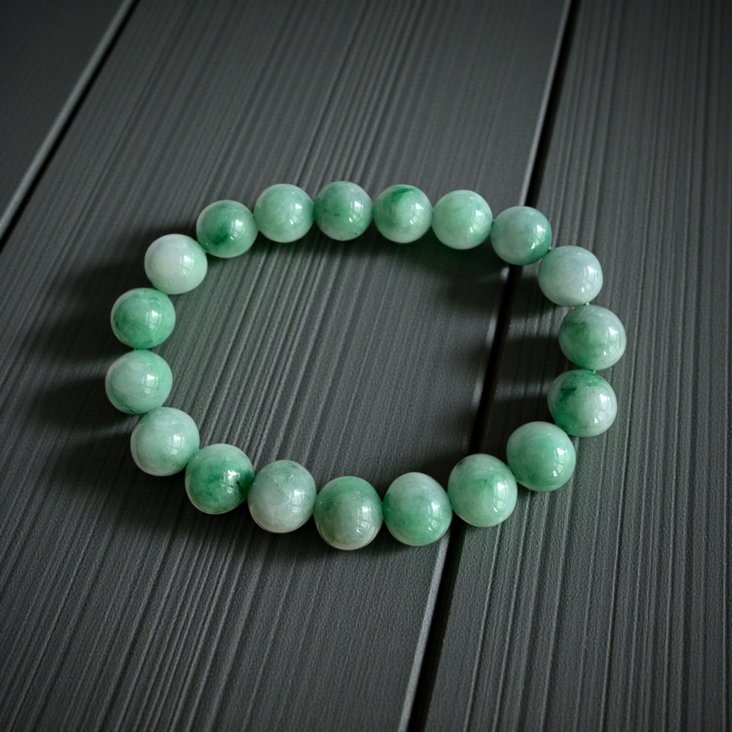 Certified Japanese Bright Green Burmese A-Jade Beaded Bracelet (MADE IN JAPAN) (10.50 mm Each x 19 beads) 05043