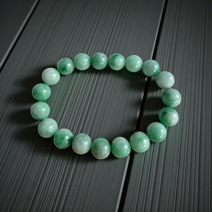 Certified Japanese Bright Green Burmese A-Jade Beaded Bracelet (MADE IN JAPAN) (10.50 mm Each x 19 beads) 05043