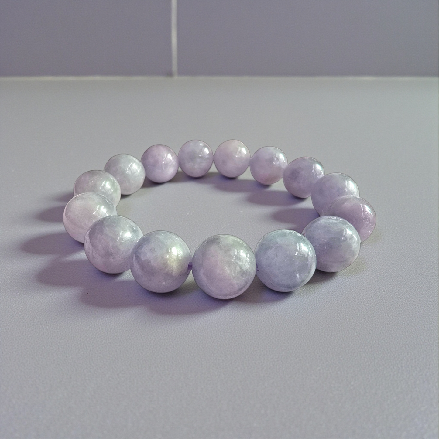Certified Japanese Pale Lavender Burmese A-Jade Beaded Bracelet (MADE IN JAPAN) (12.50 mm Each x 15 beads) 05044