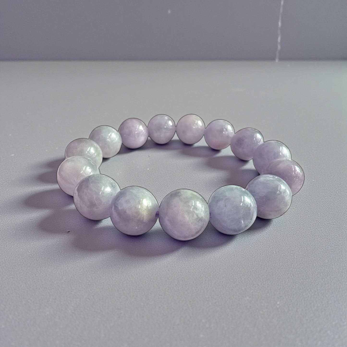 Certified Japanese Pale Lavender Burmese A-Jade Beaded Bracelet (MADE IN JAPAN) (12.50 mm Each x 15 beads) 05044