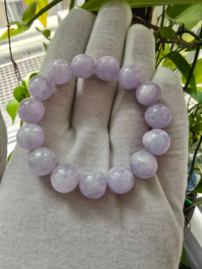 Certified Japanese Pale Lavender Burmese A-Jade Beaded Bracelet (MADE IN JAPAN) (12.50 mm Each x 15 beads) 05044