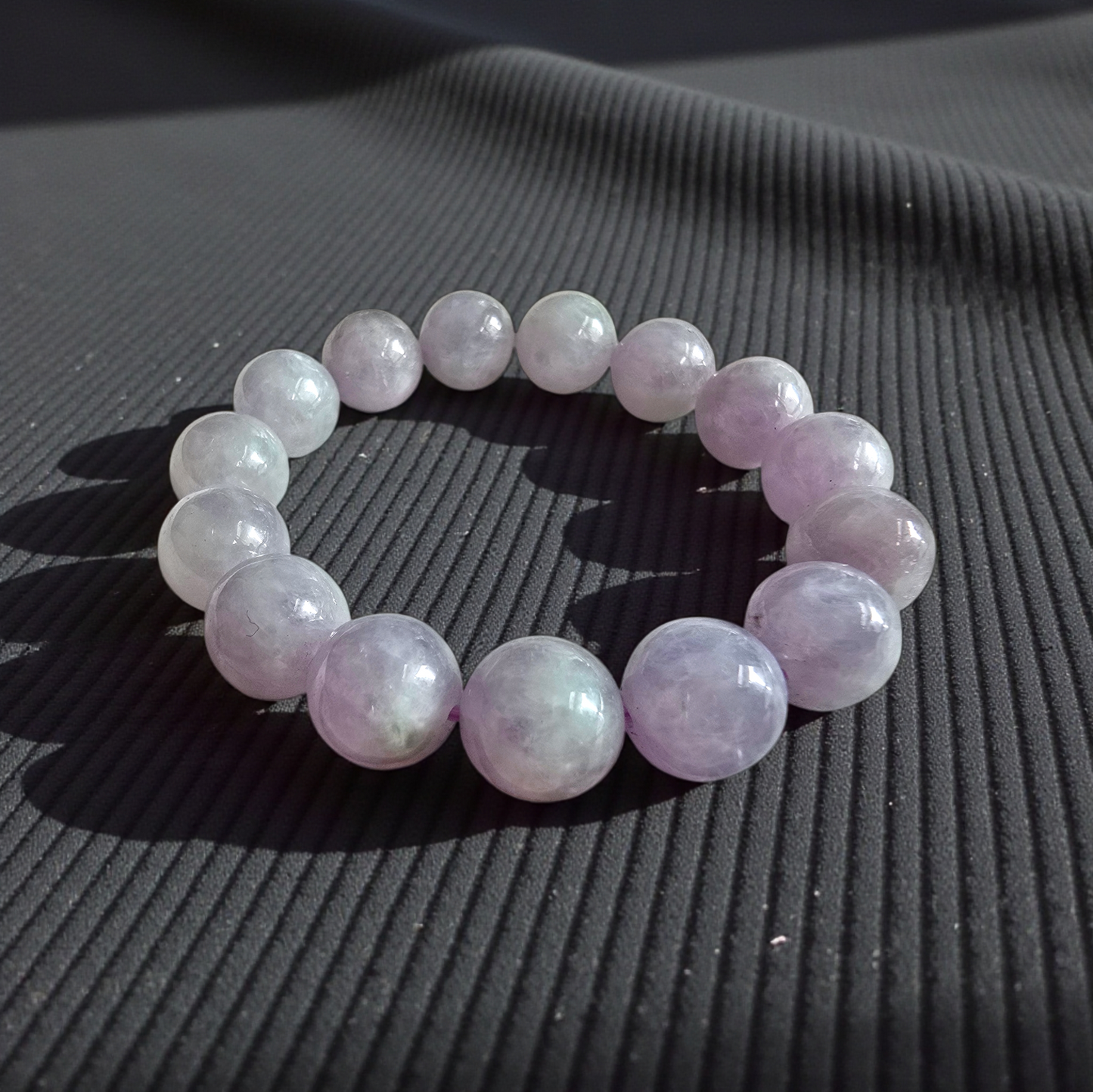 Certified Japanese Pale Lavender Burmese A-Jade Beaded Bracelet (MADE IN JAPAN) (12.50 mm Each x 15 beads) 05044