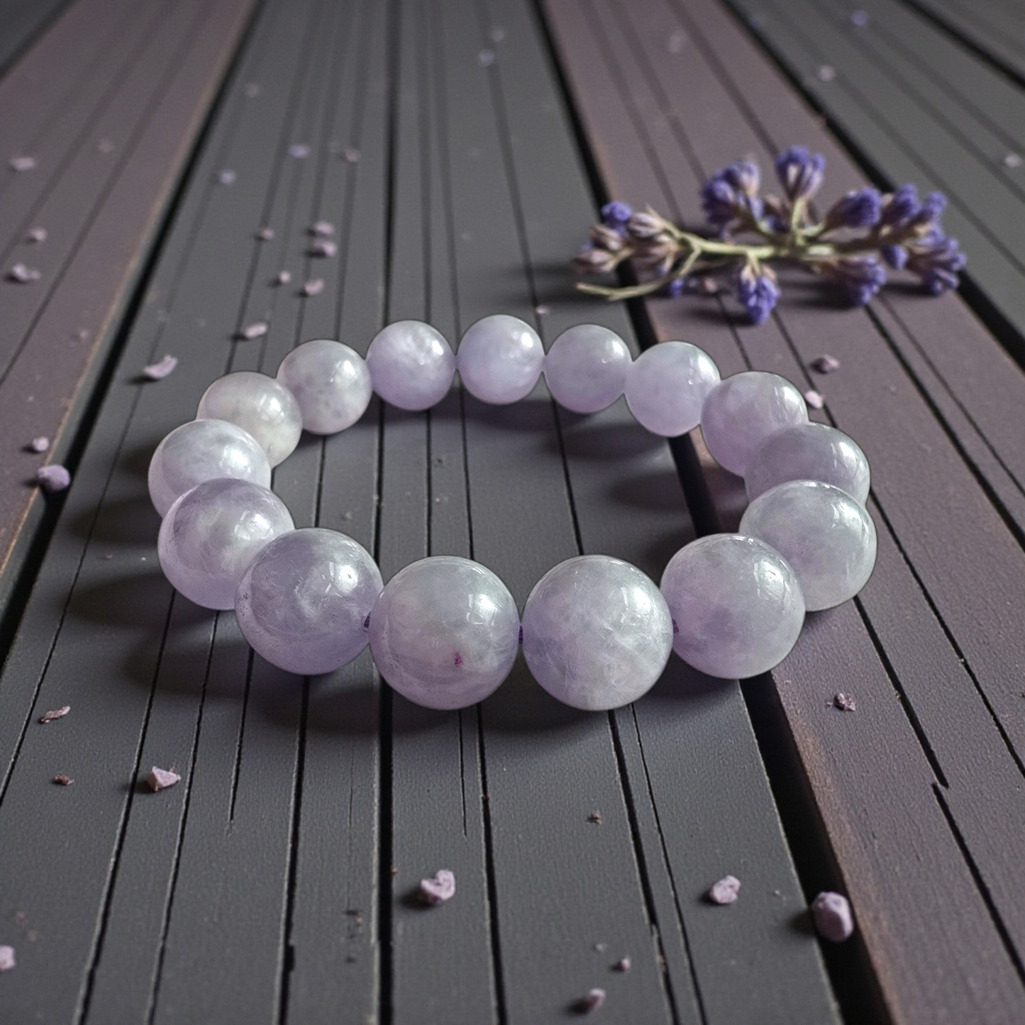Certified Japanese Pale Lavender Burmese A-Jade Beaded Bracelet (MADE IN JAPAN) (12.50 mm Each x 15 beads) 05045