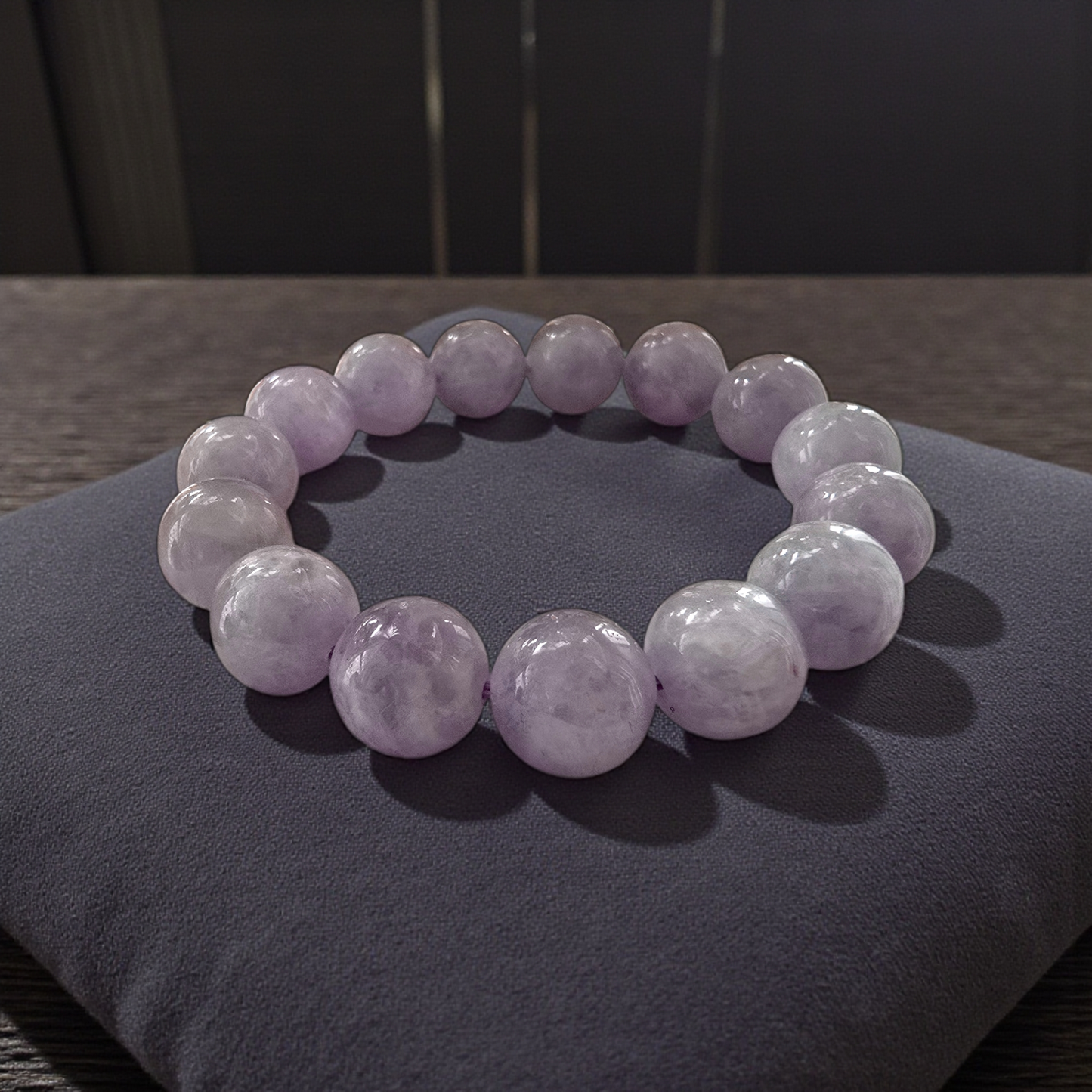 Certified Japanese Pale Lavender Burmese A-Jade Beaded Bracelet (MADE IN JAPAN) (12.50 mm Each x 15 beads) 05045