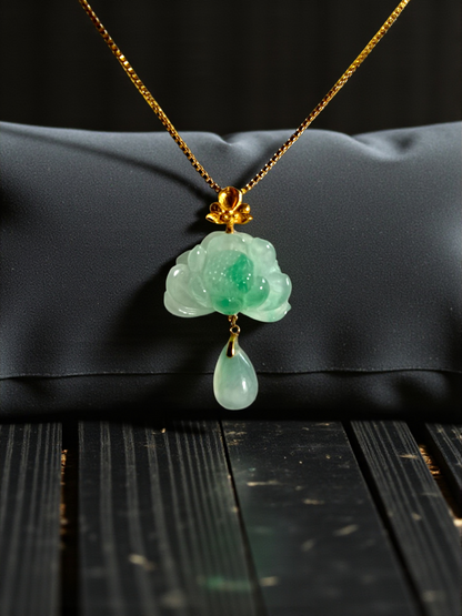 Hasu Flower Dangling Burmese A-Jadeite Pendant (with 18K Yellow Gold) - Certified