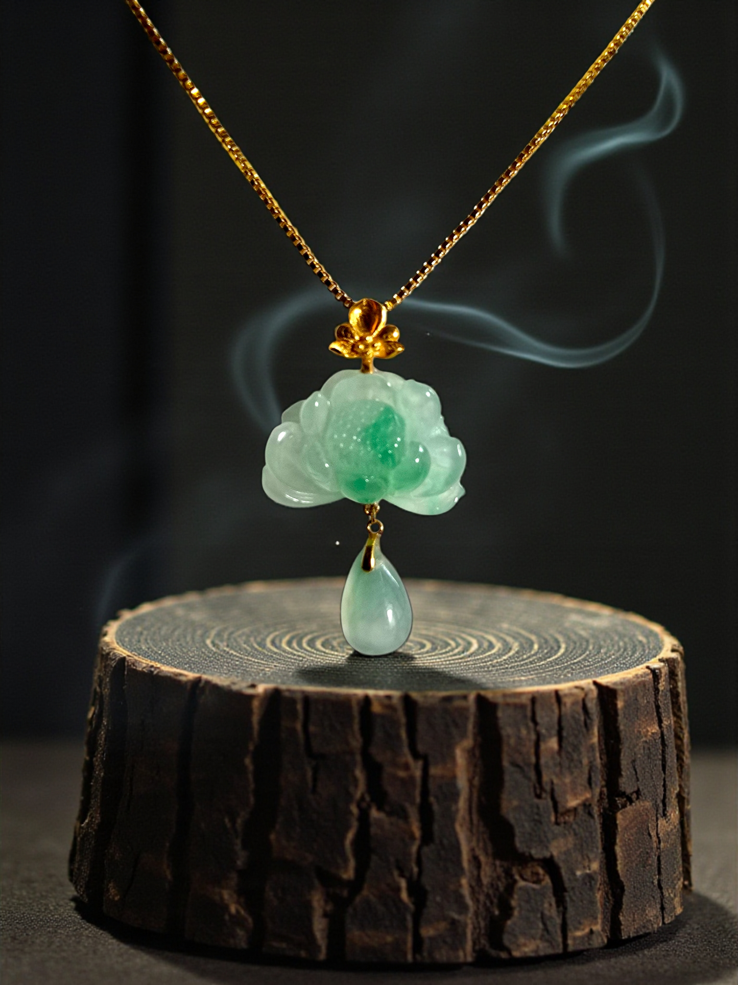 Hasu Flower Dangling Burmese A-Jadeite Pendant (with 18K Yellow Gold) - Certified
