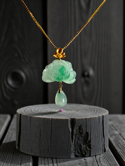 Hasu Flower Dangling Burmese A-Jadeite Pendant (with 18K Yellow Gold) - Certified