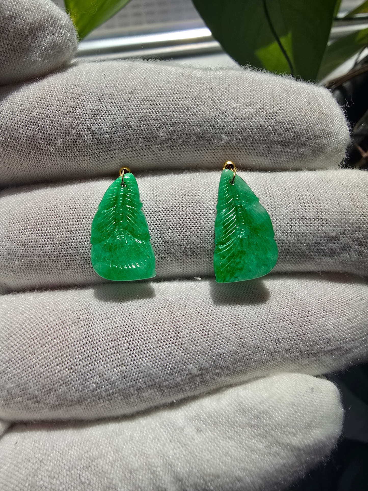 Nakamura Dangling Leaf Imperial Green Burmese A-Jade Earrings (with 18K Yellow Gold) - Certified