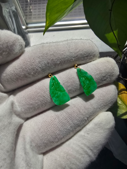 Nakamura Dangling Leaf Imperial Green Burmese A-Jade Earrings (with 18K Yellow Gold) - Certified