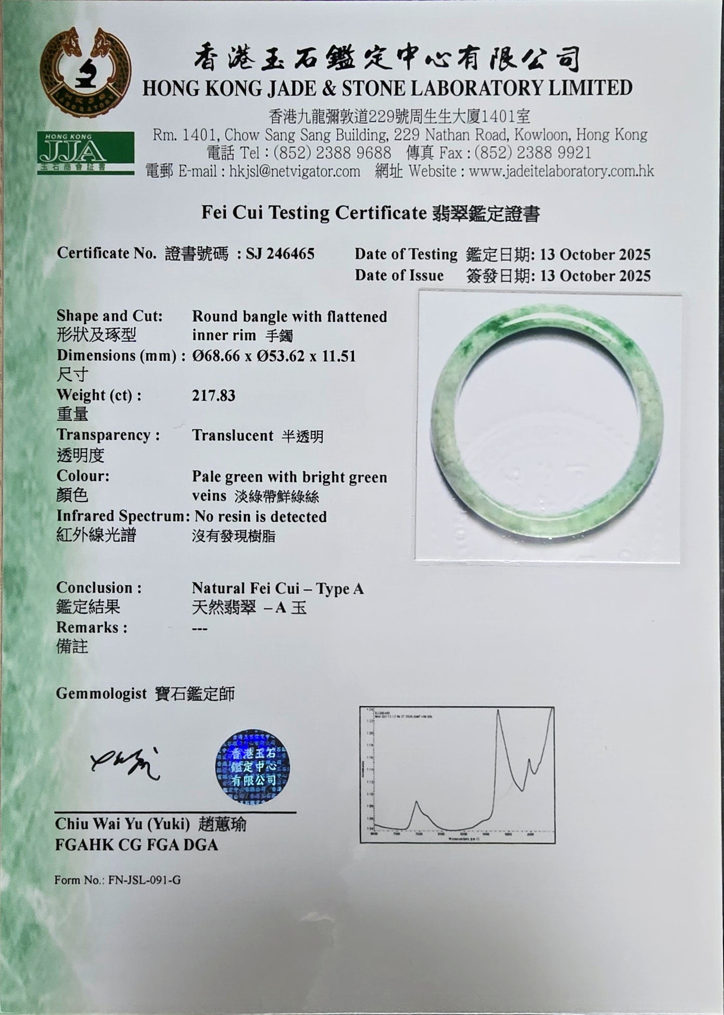 Earth's (MADE IN JAPAN) Burmese Green A-Jade Round Bangle Bracelet - Certified 08834