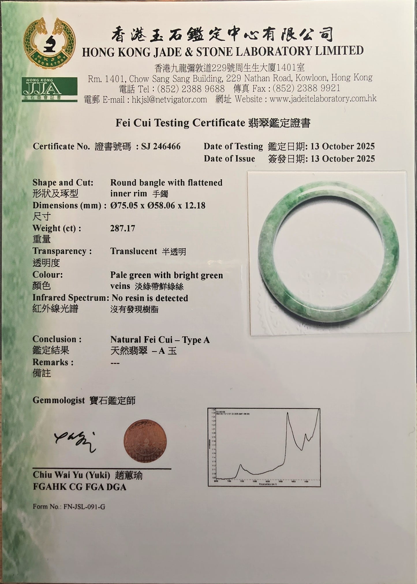 Earth's (MADE IN JAPAN) Burmese Green A-Jade Round Bangle Bracelet - Certified 08835