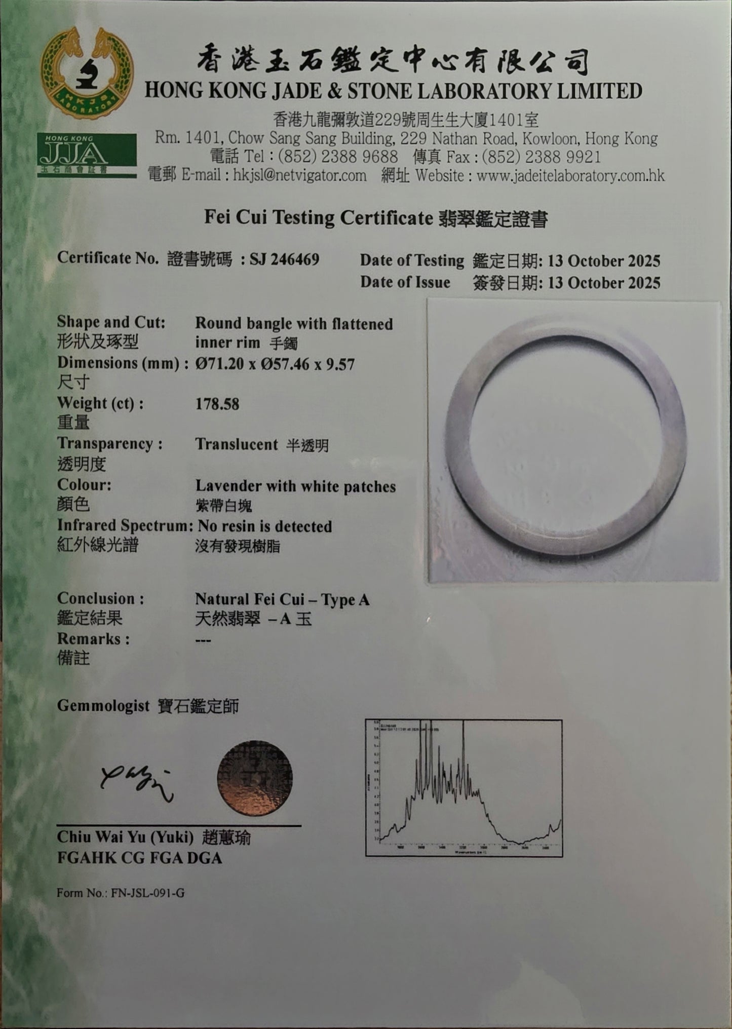 Earth's (MADE IN JAPAN) Burmese Pale Lavender A-Jade Round Bangle Bracelet - Certified 08838