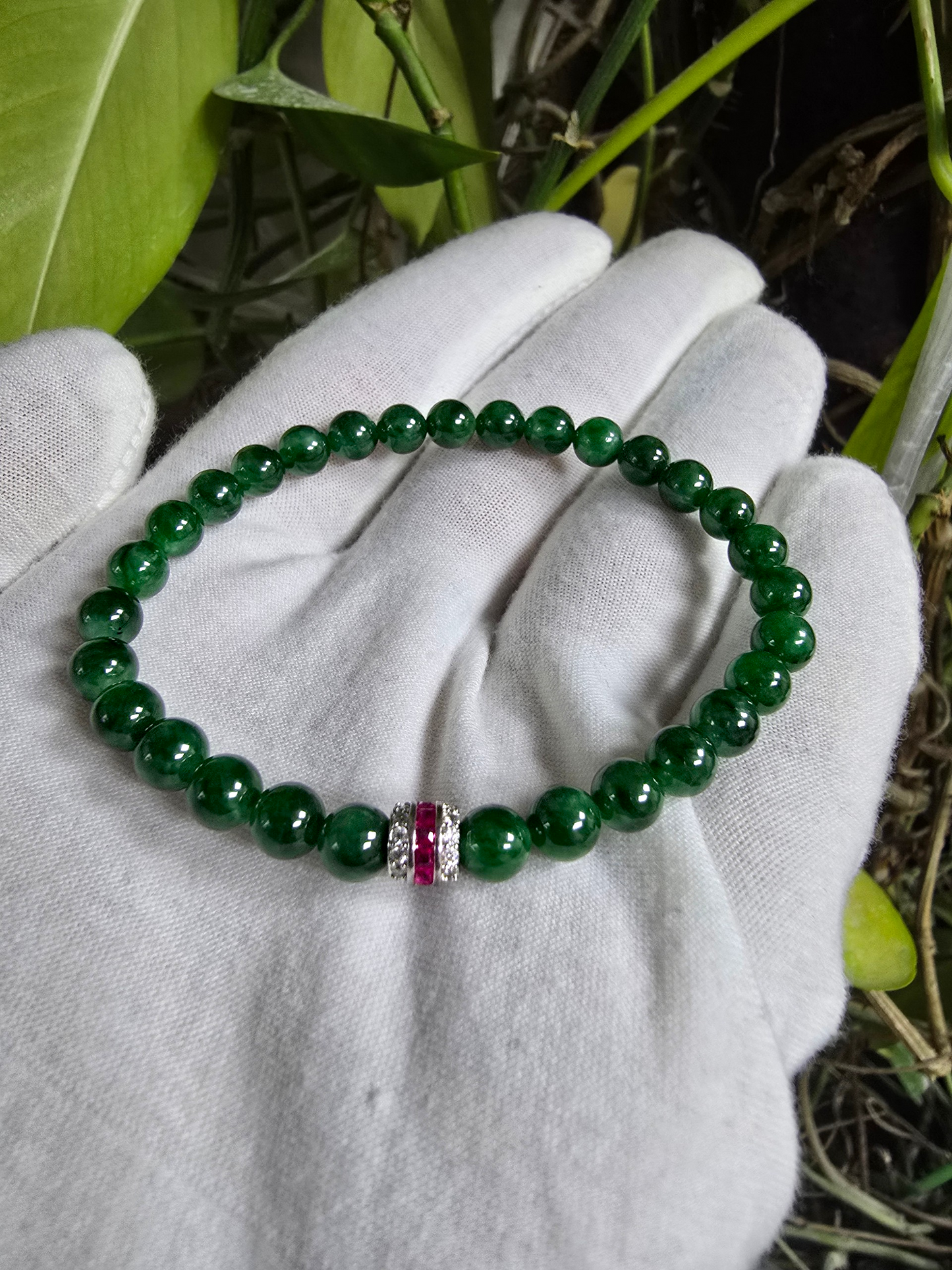 Certified Japanese Deep Apple Green Burmese A-Jade Beaded Bracelet (MADE IN JAPAN) (6 mm Each x 30 beads) 05043 (With Sterling Silver 925)