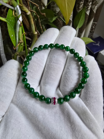 Certified Japanese Deep Apple Green Burmese A-Jade Beaded Bracelet (MADE IN JAPAN) (6 mm Each x 30 beads) 05043 (With Sterling Silver 925)