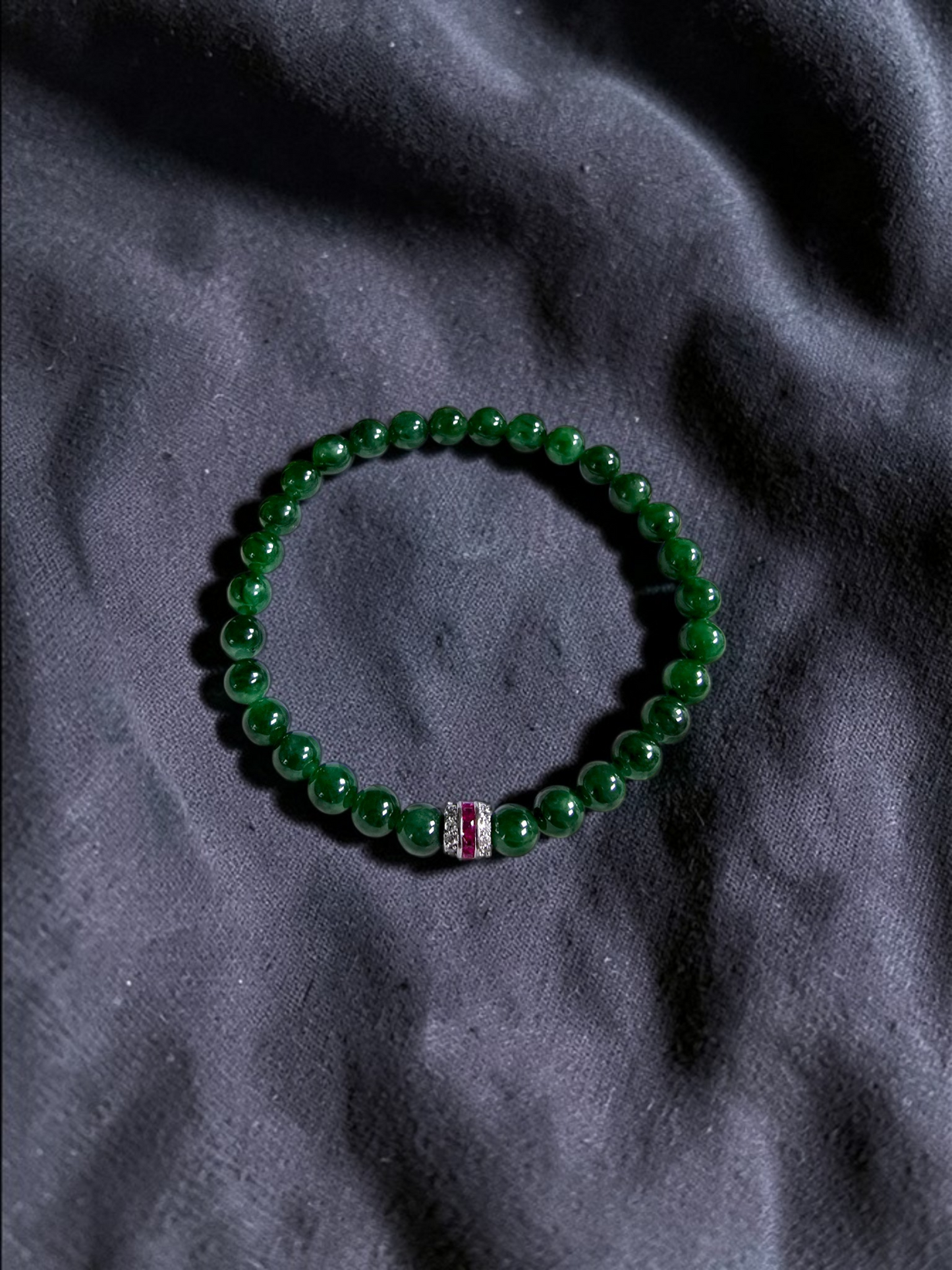 Certified Japanese Deep Apple Green Burmese A-Jade Beaded Bracelet (MADE IN JAPAN) (6 mm Each x 30 beads) 05043 (With Sterling Silver 925)